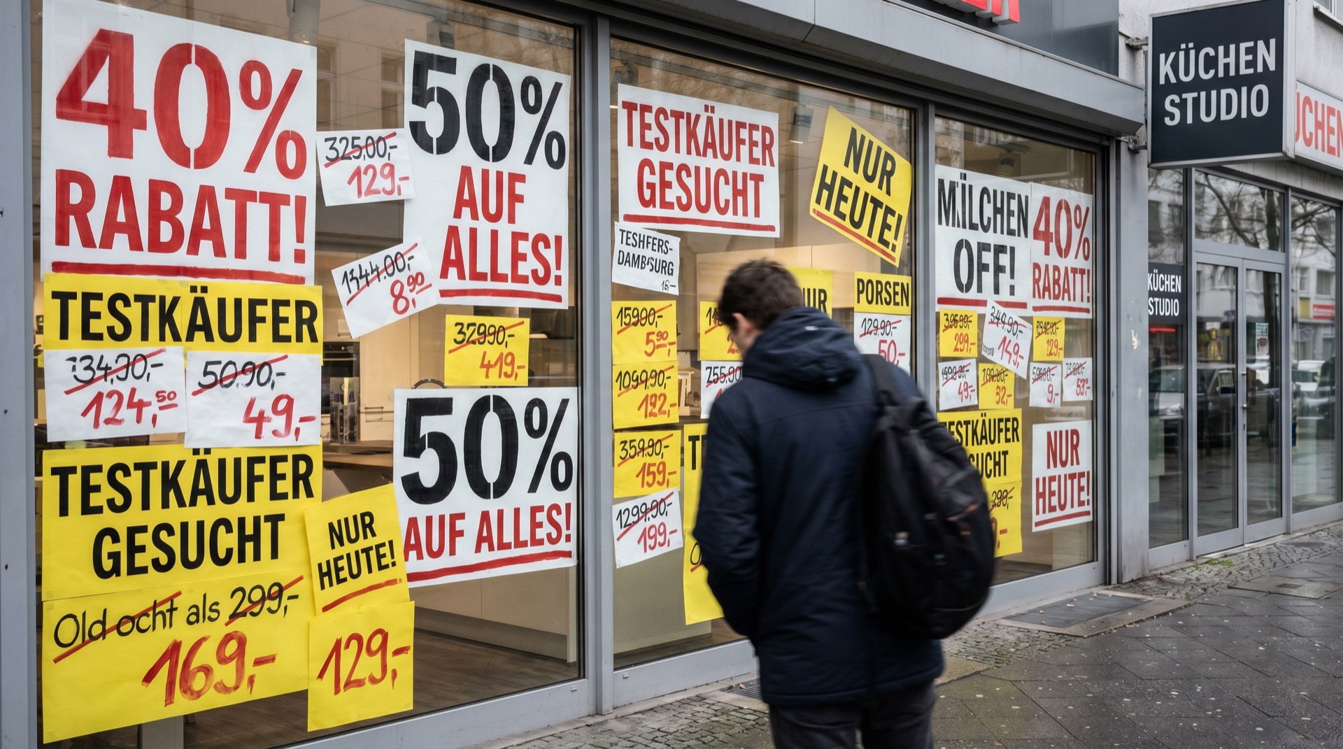 Schaufenster voller Rabattschilder — typisches Möbelhaus-Bild